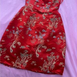 SHEIN Red and Gold Sweetheart Sheath Mini Dress